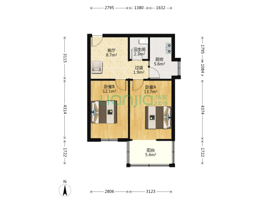 城南路 2室1厅1卫 57平方