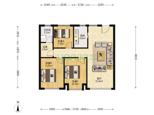 招商曦城 3室1厅1卫 95平方