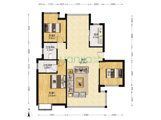 汇佳中央城 3室1厅2卫 99平方