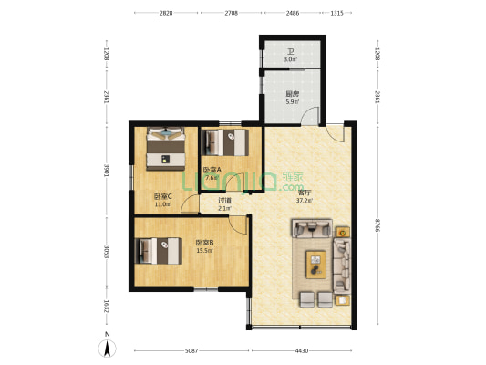 宇轩山庄 3室1厅1卫 95平方
