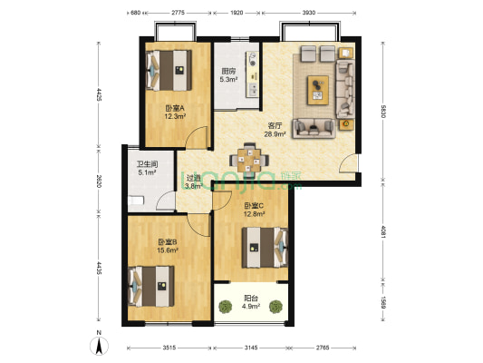玫瑰国际 3室1厅1卫 115平方