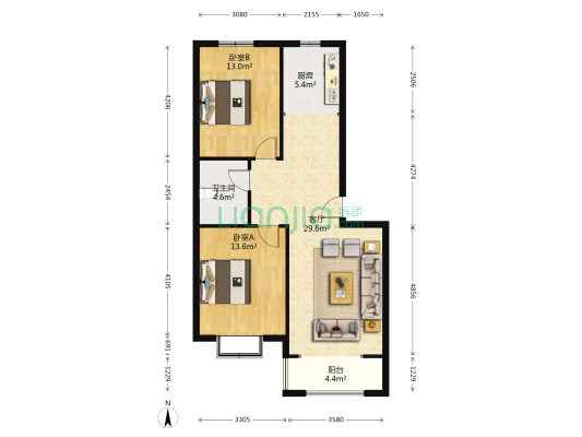 翡翠城南北通透两居室，房本满五，业主诚心出售-户型图
