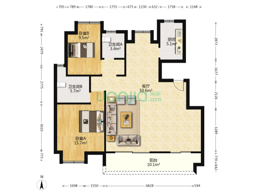 龙湖天钜 2室1厅2卫 117平方