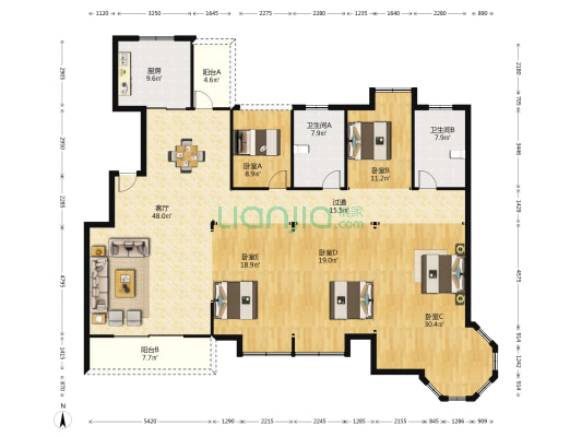 翡翠东方 5室1厅2卫 214平方