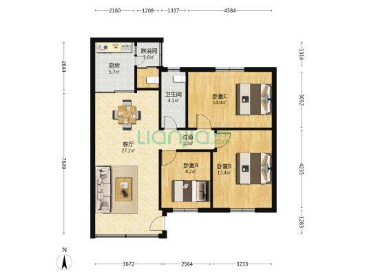 海建花园 3室1厅2卫 92平方