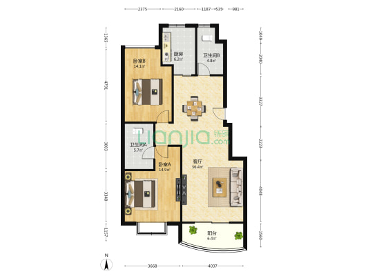 银马苑 2室1厅2卫 111平方