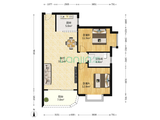 欧景蓝湾 2室1厅1卫 87平方