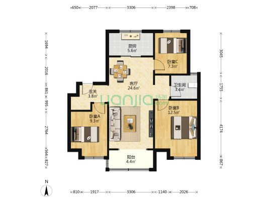 万科繁荣里 3室1厅1卫 102平方