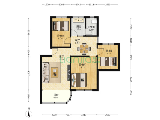 南村新苑 3室2厅1卫 80平方
