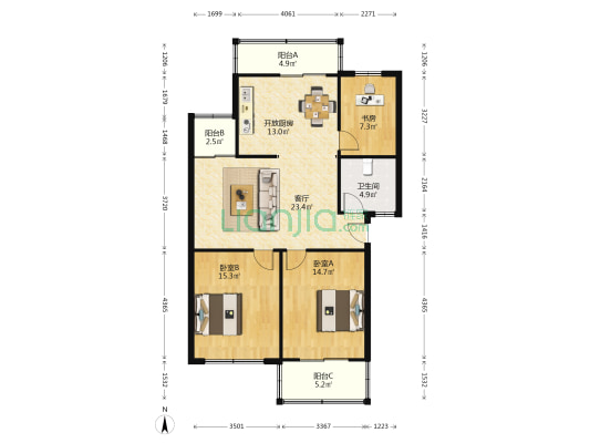 天赐良缘 3室1厅1卫 100平方