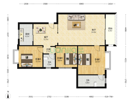 富城丽苑 3室2厅2卫 128平方