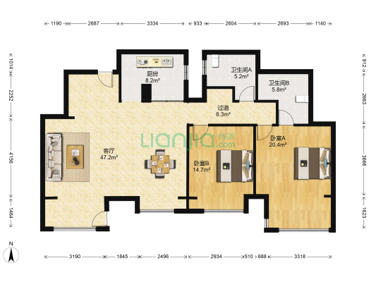 龙湖花盛郦城 2室1厅2卫 121平方