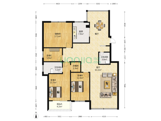 中天金海岸领秀苑 3室1厅2卫 138平方