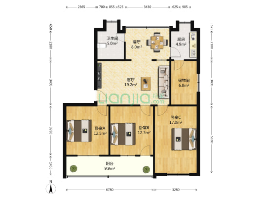 县开发家属院 3室2厅1卫 121平方