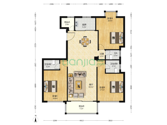 新竹大楼 3室1厅3卫 160平方