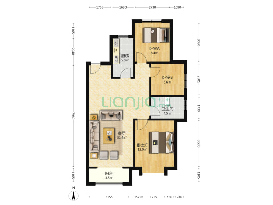 悦都中间层南北通透三居，产证 满二-户型图