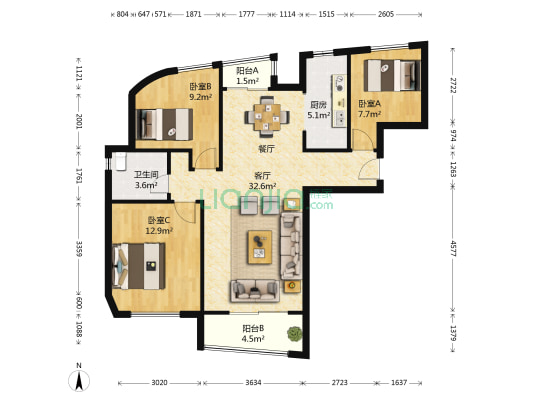 东方龙域 3室1厅1卫 116平方