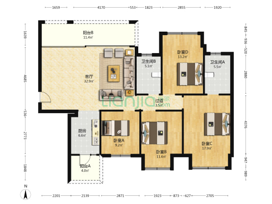 南湖名邸 4室1厅2卫 136平方