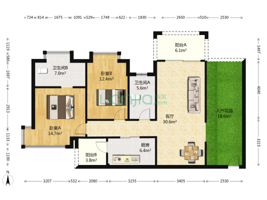 太东时尚岛 2室1厅2卫 109平方