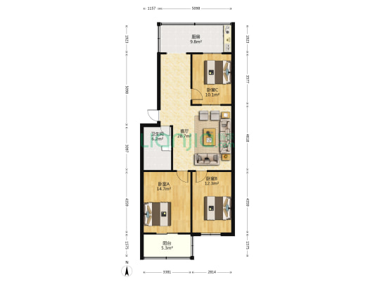 卫生公寓 3室1厅1卫 105平方