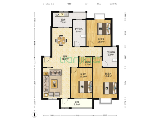 名都花苑西区 3室1厅2卫 138平方