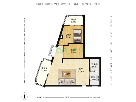 玻璃厂宿舍 2室1厅1卫 63平方