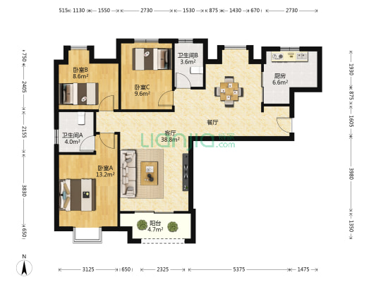 莲花国际 3室1厅2卫 117平方