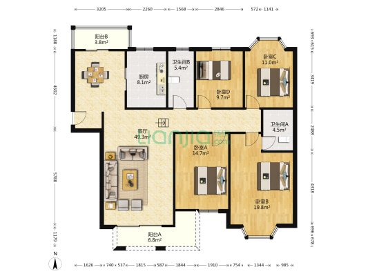 桂花园 4室1厅2卫 155平方