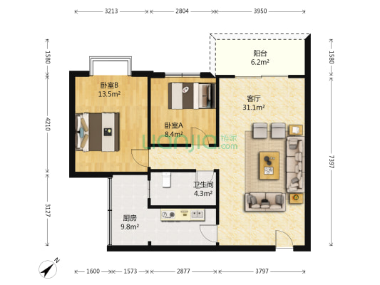 松江村 2室1厅1卫 87平方