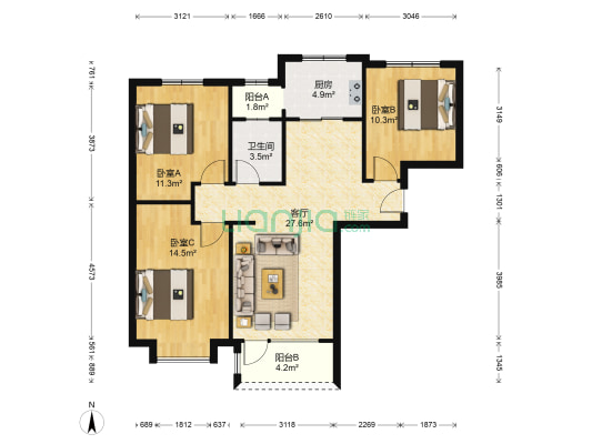 南北通透大三居，采光好，视野好，小区环境好-户型图