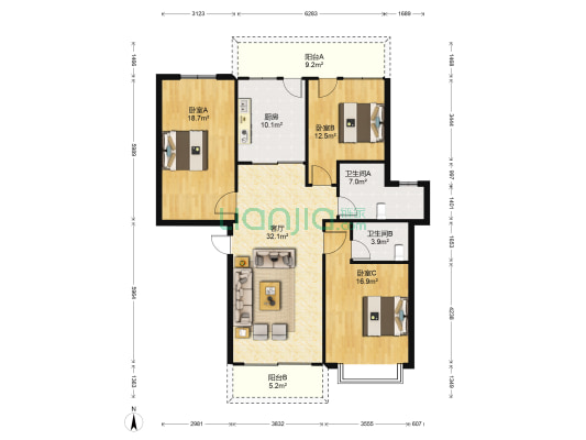 华苑公寓 3室1厅2卫 106平方