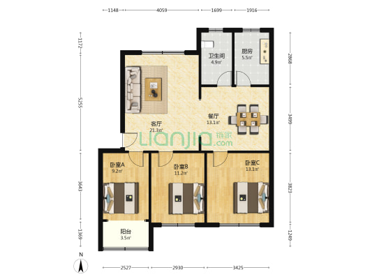 南苑新区 3室2厅1卫 97平方