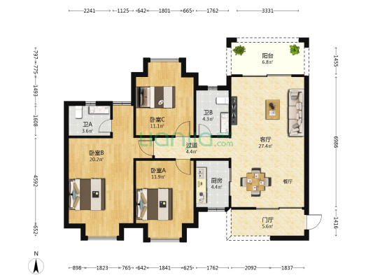 赢天新景 3室1厅2卫 114平方