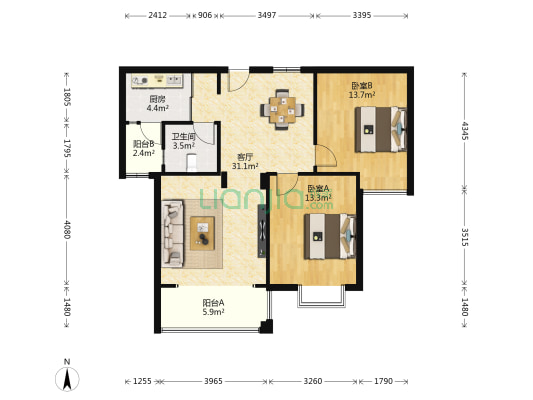 紫荆花园 2室1厅1卫 98平方