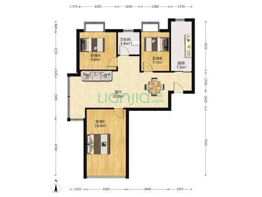 万锦豪庭.南苑 3室1厅1卫 100平方