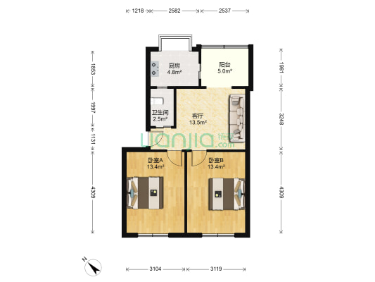 育才二小教工宿舍 2室1厅1卫 66平方