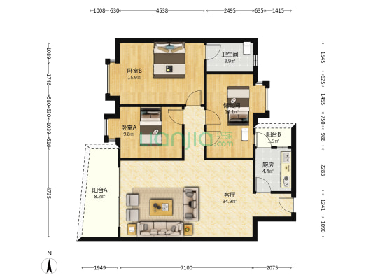 金泽花园 2室1厅1卫 103平方