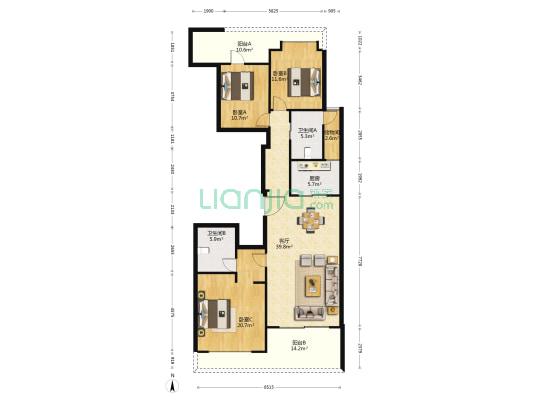 新华园 3室1厅2卫 148平方
