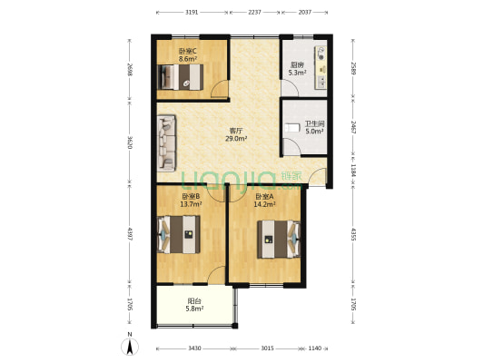 龙会二路 3室1厅1卫 91平方
