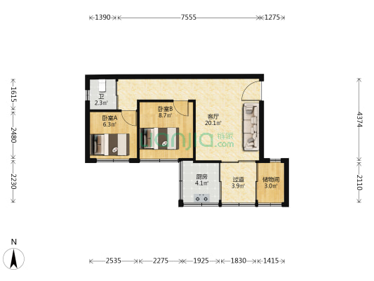 华宫巷1号 2室1厅1卫 44平方