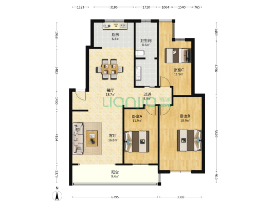香港城 3室2厅1卫 126平方