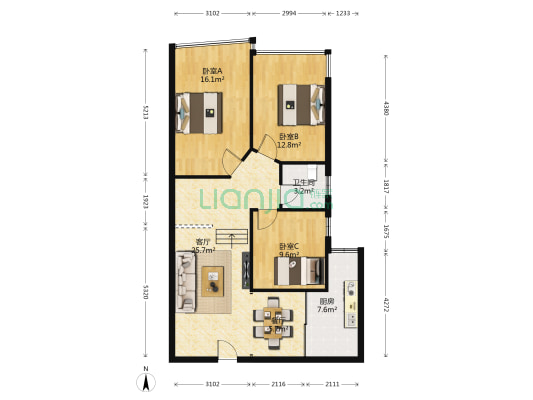 罗马花园 3室2厅1卫 109平方
