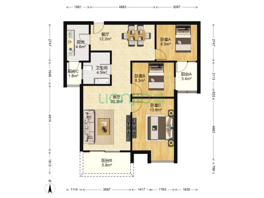 天第 3室2厅1卫 107平方