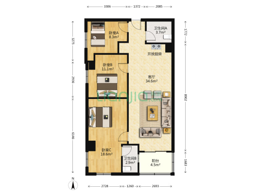 嘉莲大厦 3室1厅2卫 104平方