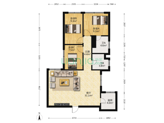 富豪花园 3室1厅2卫 101平方
