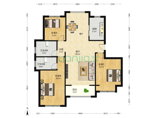 恒达福园 3室1厅2卫 132平方