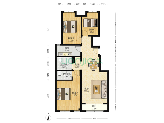 首创悦欣汇 3室1厅2卫 105平方