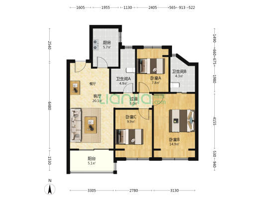 金地丰盛道 3室1厅2卫 100平方