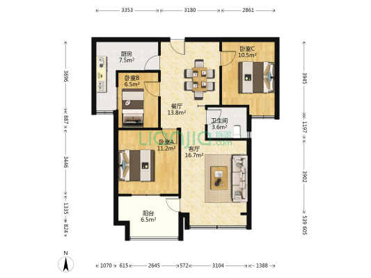 上湖御园 3室2厅1卫 105平方