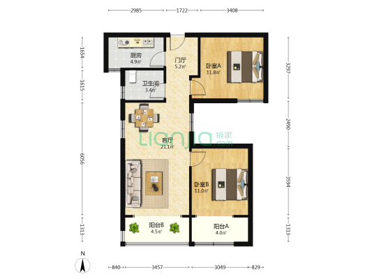 绿城诚园 2室1厅1卫 91平方